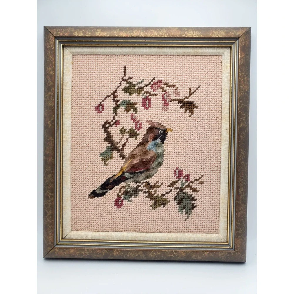 Vintage 1970s Framed Bird Needlepoint Wall Art - Cedar Waxwing 9x10
